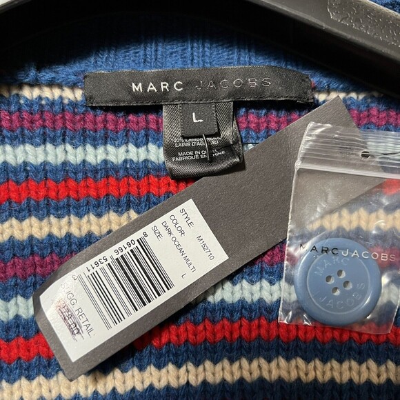 Marc Jacobs Womens Lambswool Striped Belted Cardigan Sweater Size L - Picture 3 of 8